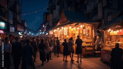 crowded city street with stall and warm lights