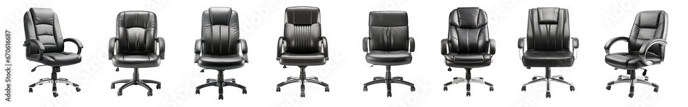 Naklejka premium Collection of modern luxury black leather office chairs isolated on a transparent background. PNG, cutout, or clipping path.