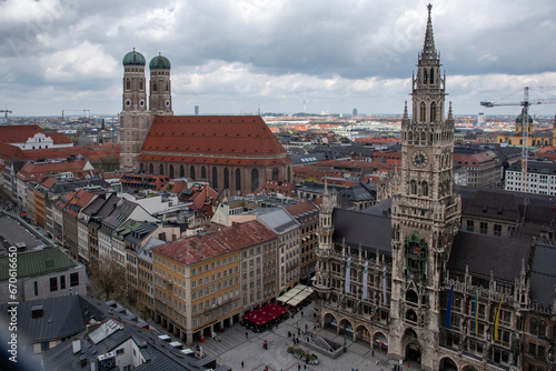View of Frauenkirche and Marienplatz as seen from the top St. Peter's Church in Munich
