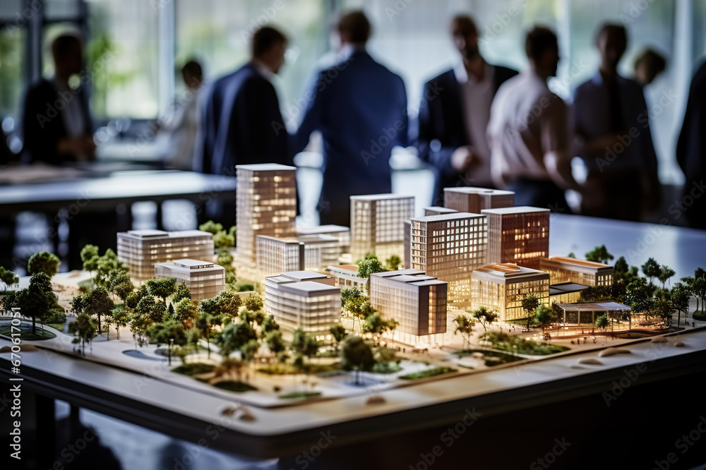 Innovative Business Building Project A Collaborative Team of Real Estate Developers, Architects, and Businessmen Work on a Complex Scale Model in Office. created with Generative AI