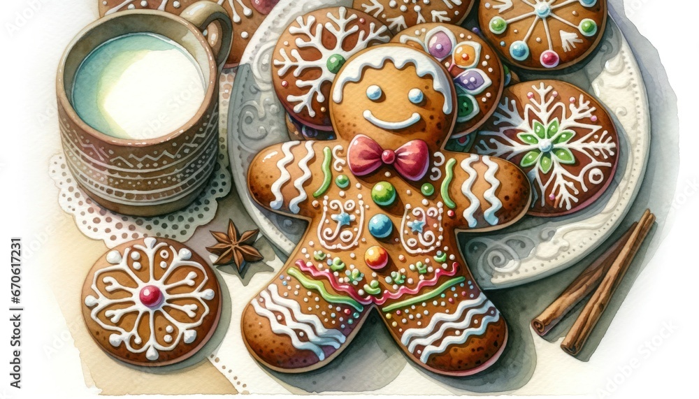  Detailed watercolor of a decorated gingerbread man cookie with colorful icing patterns, hinting at more cookies and a cup of milk in the background.