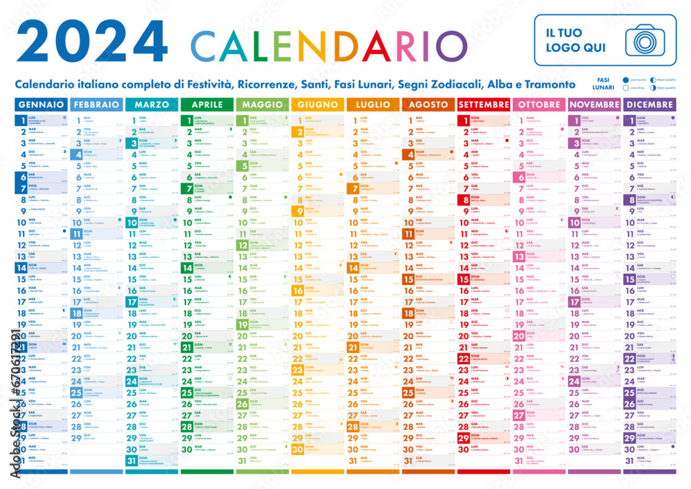 2024 Italian Planner Calendar with Vertical Months on white background - obrazy, fototapety, plakaty 