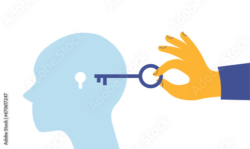 Abstract metaphor of psychotherapy and psychology. Human head with a keyhole and key. Concept of solving difficult situation. Open mind. Health care. Vector illustration in a trendy flat style.