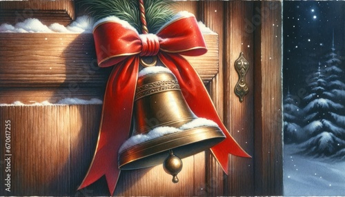 High-quality watercolor of a vintage brass bell with a red ribbon hanging against a snow-covered wooden door, evoking festive anticipation.