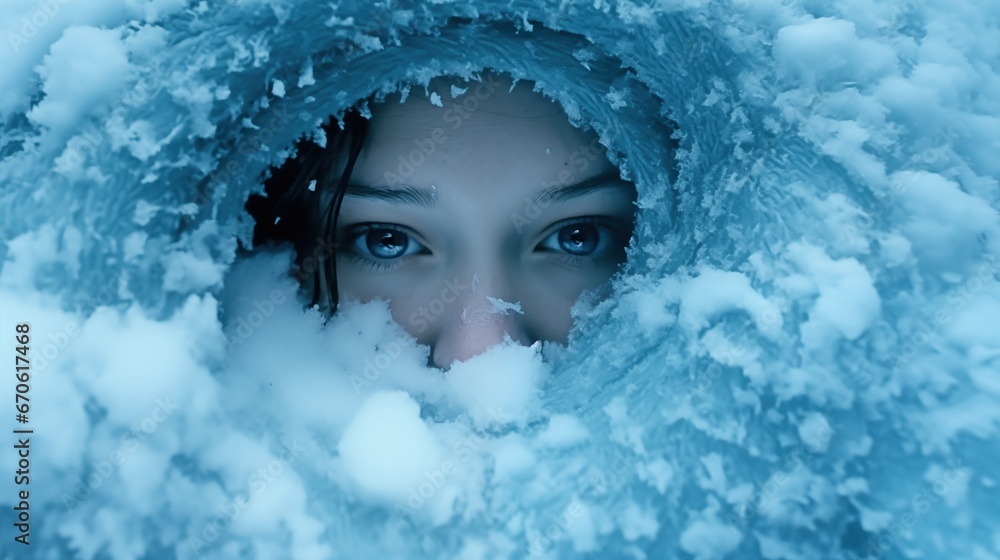 Young woman in peaking though the snow, blue eyes, winter clothing