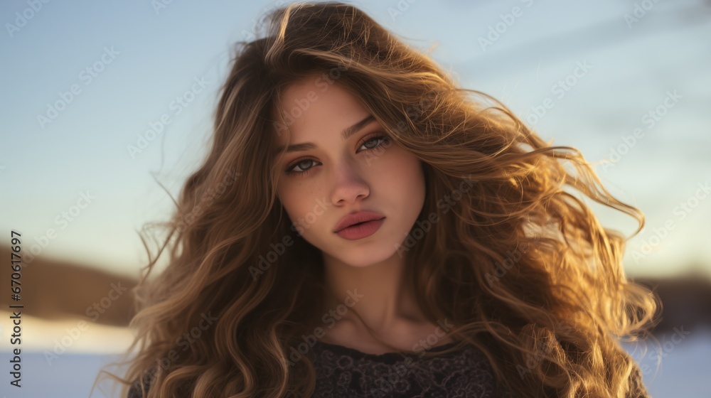 Portrait of a female model, brown hair, blue eyes, red lipstick, spring day  