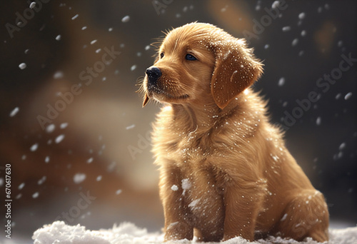 A puppy sitting in the snow. AI Generated