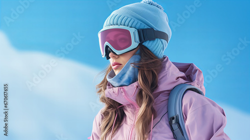 Young woman in blue winter outfit wearing ski goggles and warm knitted hat isolated on blue background