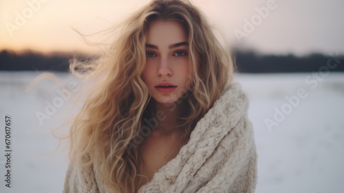 Beautiful blonde model wearing wool jumper, portrait, winter background, hair flowing, 