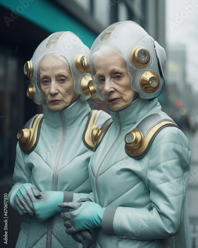 Generative AI of elderly women in futuristic bionic outfits