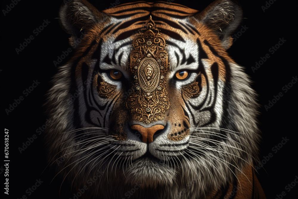 Portrait of a tiger on a black background. Close-up.