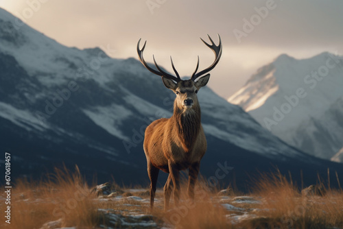 Majestic red deer stag in winter landscape with snow covered mountain peaks