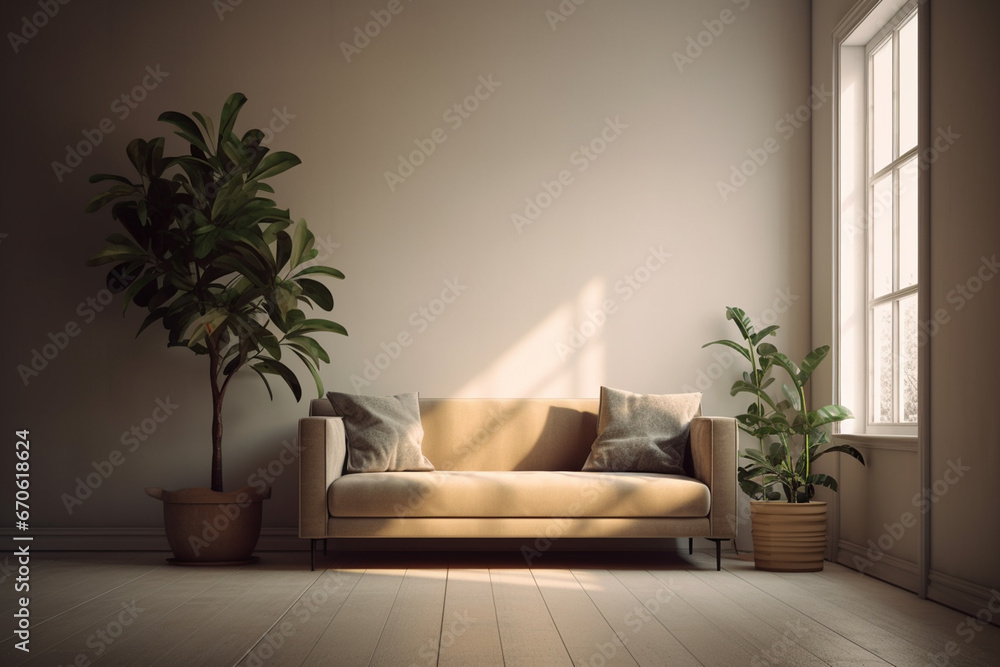 Living room interior with sofa and plant. 3d render illustration. Living room interior with sofa and plant. 3d render illustration.