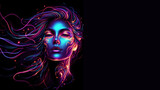Beautiful portrait Colorful Futuristic girl Glowing Abstract Neon Lights.Vibrant digital neon lights on a dark backdrop.