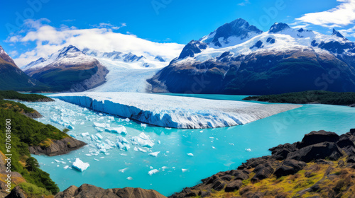 A glacier cascading into a turquoise lake, with mountains in the background