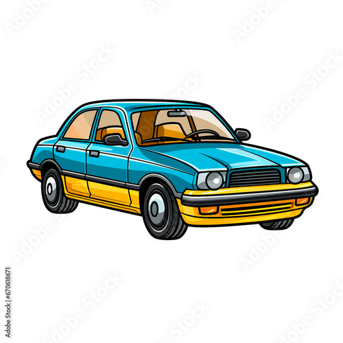 Cartoon style blue and yellow toy car drawing in transparent png