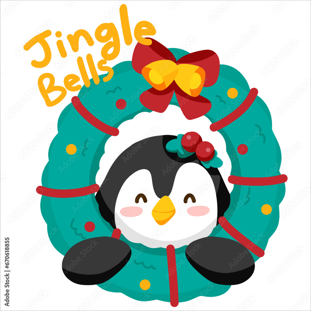 Naklejka premium Penguins Delighting in Decorating Their Christmas Wreath in Front of Their Home, Radiating Smiles and Laughte.