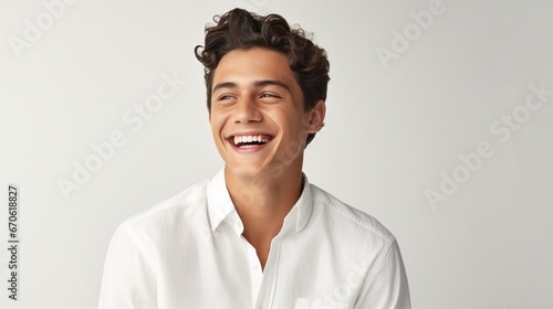 handsome young man with a big smile, dark hair wearing white t-shirt isolated on white, generative AI. photo