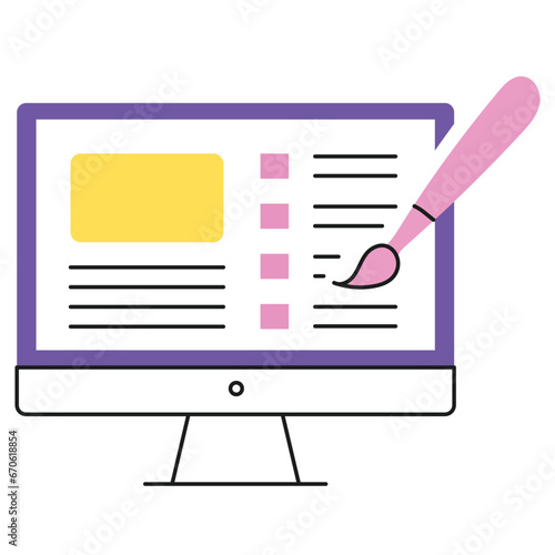 A pc screen icon with options and a brush, representing computer editing, image editing, photo editing, design software, and creative software.