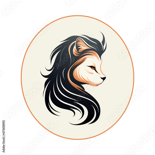 illustration of head of lion with long hair in circle on white background