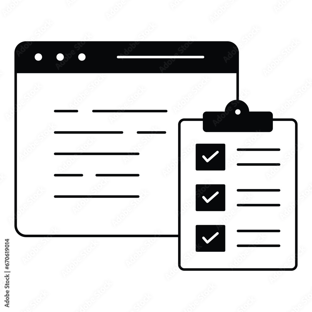 An icon of a browser with text and a clipboard with checks, representing web browsing, content management, productivity, efficiency, and copy and paste. An icon of a browser with text and a clipboard with checks, representing web browsing, content management, productivity, efficiency, and copy and paste.