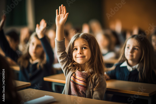 Engaged Students in Classroom Children Raise Their Hands to Answer, Embracing the Back to School Spirit. created with Generative AI © photobuay