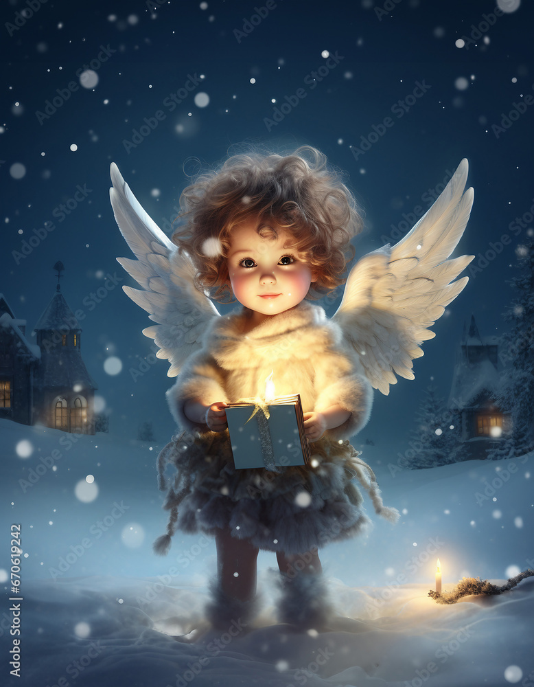 Angel child bringing the present on Christmas eve, charming little ...
