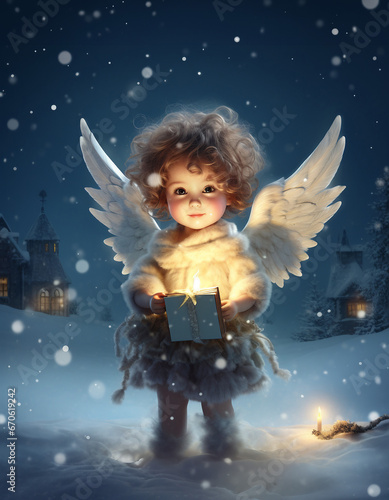 Angel child bringing the present on Christmas eve, charming little little girl with wings in the snow, post card or wallpaper illustration 