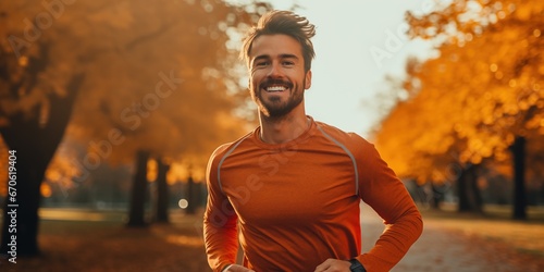 Man runner running in park at autumn morning. Healthy lifestyle concept. Marathon and fitness healthy lifestyle , generative ai photo