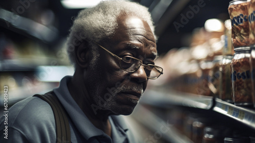 Portrait of an elderly man with gray hair against a background of grocery shelves. AI Generated