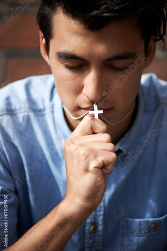 Foto Man, mouth and praying with crucifix for faith, worship and spirituality for soul, support and belief