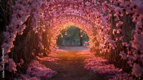 The first light of the day illuminating a tunnel formed by cascading petals of orchids.