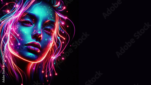 Beautiful portrait Colorful Futuristic girl Glowing Abstract Neon Lights.Vibrant digital neon lights on a dark backdrop.