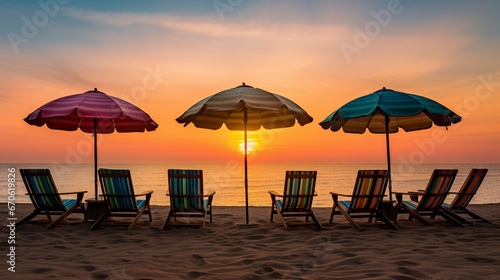 The first rays of sunrise illuminating a series of umbrellas and chairs  offering a serene start to the day.