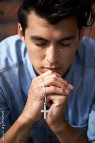 Tableau sur toile Man, hands and praying with crucifix for faith, worship and spirituality for soul, support and belief