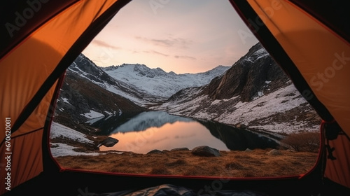View from the tent of the mountain landscape and the blue lake. AI Generated