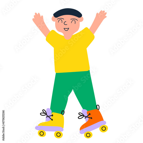 Happy boy roller skating. Flat design. Vector hand drawn illustration on white background.