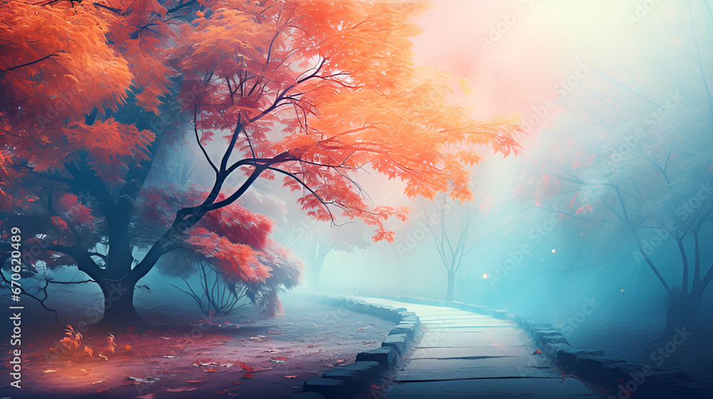 autumn forest in the fog. A landscape with trees and a path that leads to a forest. Magical Scenery Image,AI Generative 