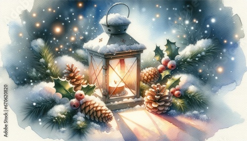 Serene snowy scene with an illuminated lantern shedding light on snow-covered pinecones and holly berries, showcasing a magical Christmas atmosphere. © Cad3D.Expert