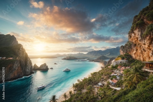 Beautiful seascape with a paradise island, boats at sunset