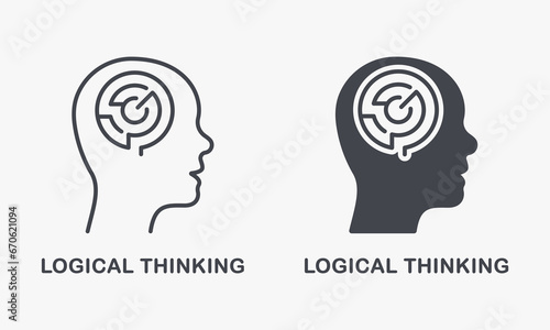 Logical Thinking, Maze in Human Head Silhouette and Line Icon Set. Mental Circle Labyrinth Pictogram. Psychology, Creative Intellectual Inner Process Symbol Collection. Isolated Vector Illustration