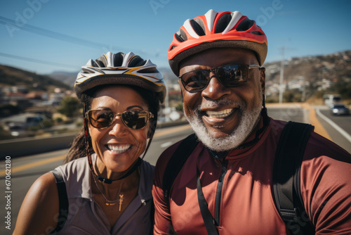 Elderly smiling couple in safety helmets ride bicycles together to stay fit and healthy. Happy African American seniors having fun on a bike ride on country road. Retired people lead active lifestyle. © Georgii