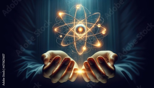 Ethereal depiction of quantum energy emanating from outstretched hands. The atomic orbits glow vibrantly, representing power, mystery, and the connection between science and spirituality. photo