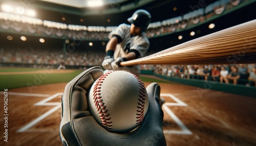 Dramatic close-up of a baseball player mid-swing, with the baseball in sharp focus, as anticipation builds in the stadium filled with eager fans.  photo