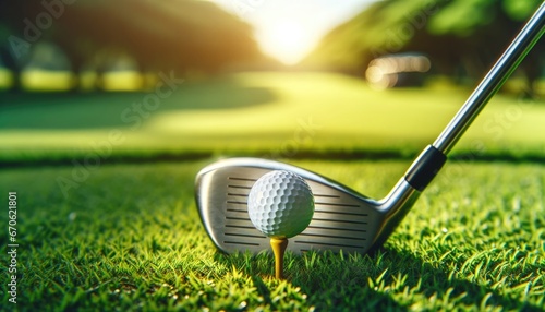 Close-up of a golf ball perched on a tee, with a polished clubhead poised for the swing. The sunlit green and focused perspective evoke the essence of a day at the golf course. photo