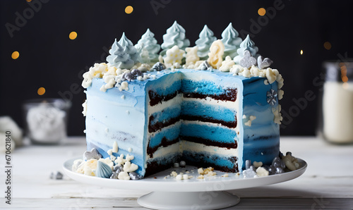 Elegant layered birthday cake with blue and white frosting, chocolate pieces, and decorative sweets.