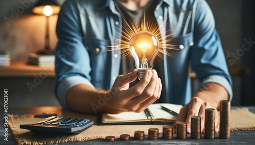A creative representation of financial planning, showing a glowing light bulb in hand, signifying a bright idea, alongside coins, a notepad, and calculator, emphasizing financial strategy and growth. photo