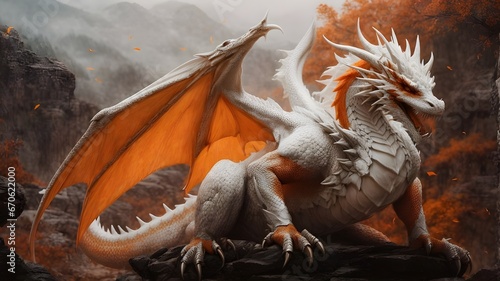 One white and orange dragon sitting on a rock. dragon statue at the temple. Ai ganerated image