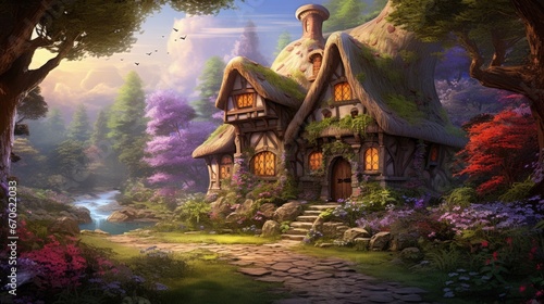 Whimsical cottage nestled amidst blooming forest with river stream and birds in flight. Enchanted woodland dwelling.