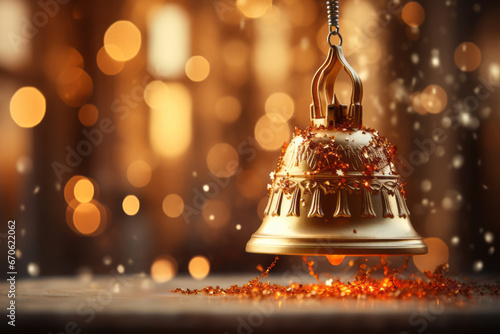 Golden Christmas Bell with ornaments and bright merry blurred lights at background
